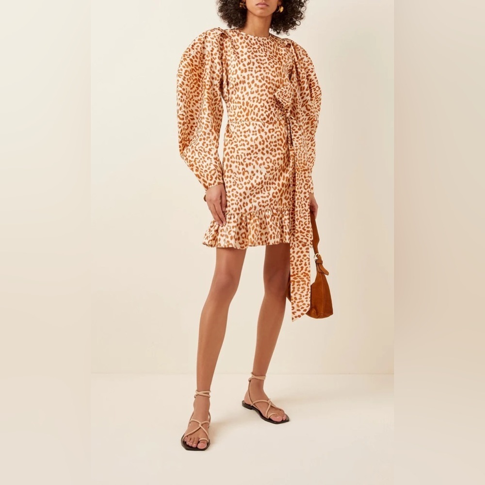 ULLA JOHNSON ROSARIO SILK LEOPARD PRINT MINI DRESS WITH PUFF SLEEVES SIZE 4 - Picture 3 of 16
